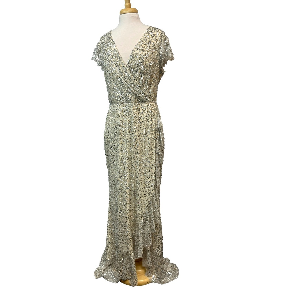 Mac Duggal Silver Sequined Evening Dress V-Wrap Flutter‎ Sleeves & Leg Split, 14